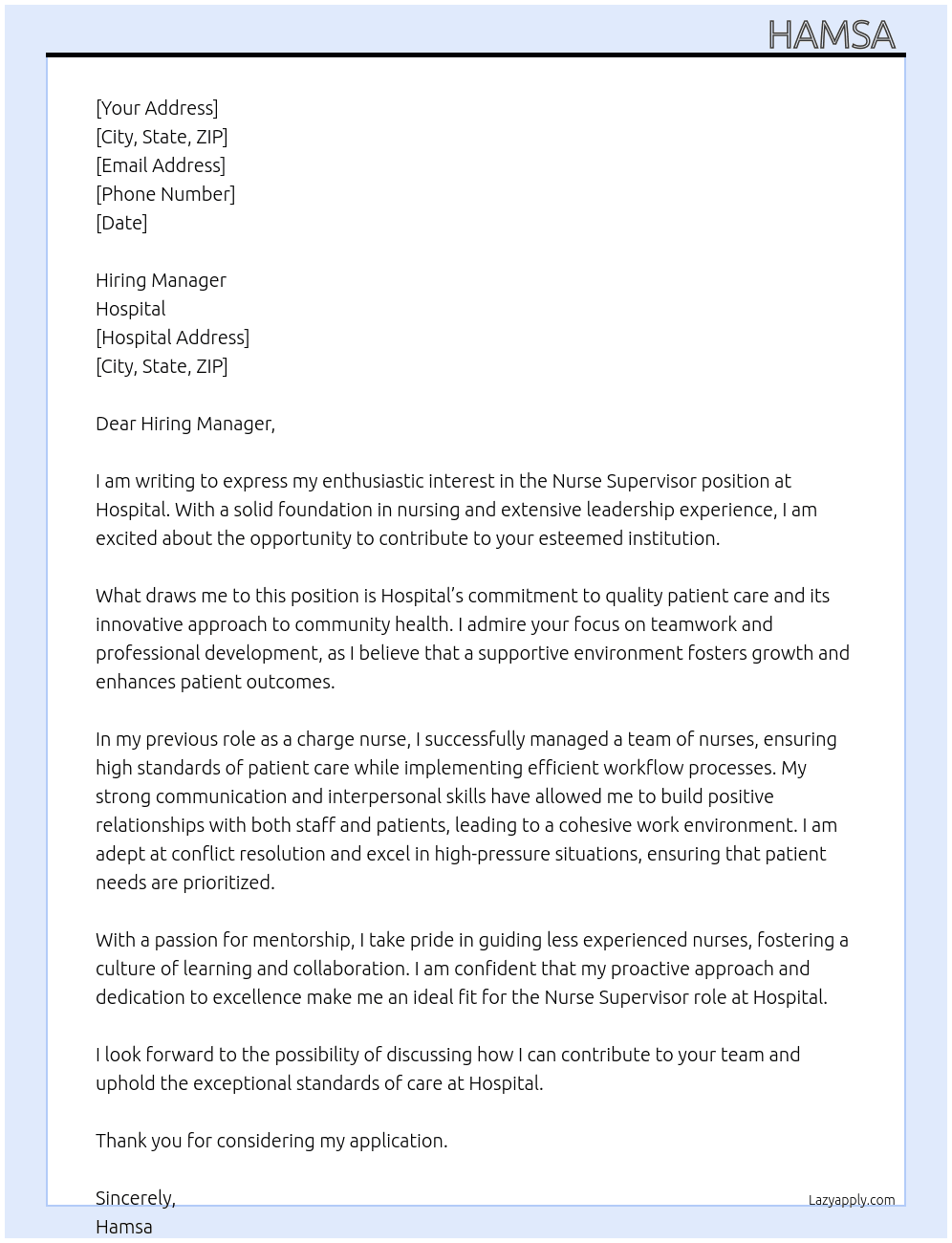 nurse supervisor  At hospital Cover Letter