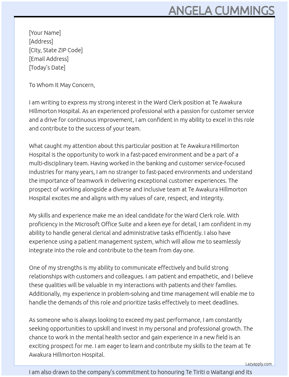 Ward Clerk At Te Awakura Hillmorton Hospital Cover Letter