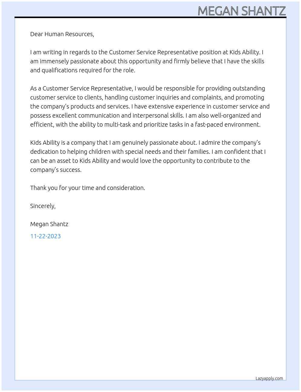 Customer service representative At Kids Ability Cover Letter