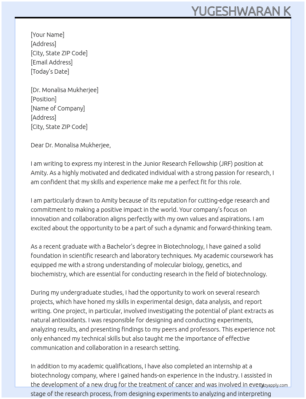 JRF At Amity Cover Letter