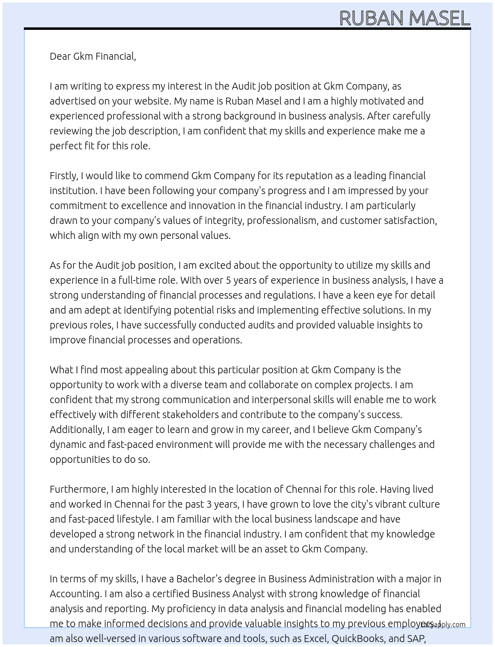 Audit job At Gkm company Cover Letter