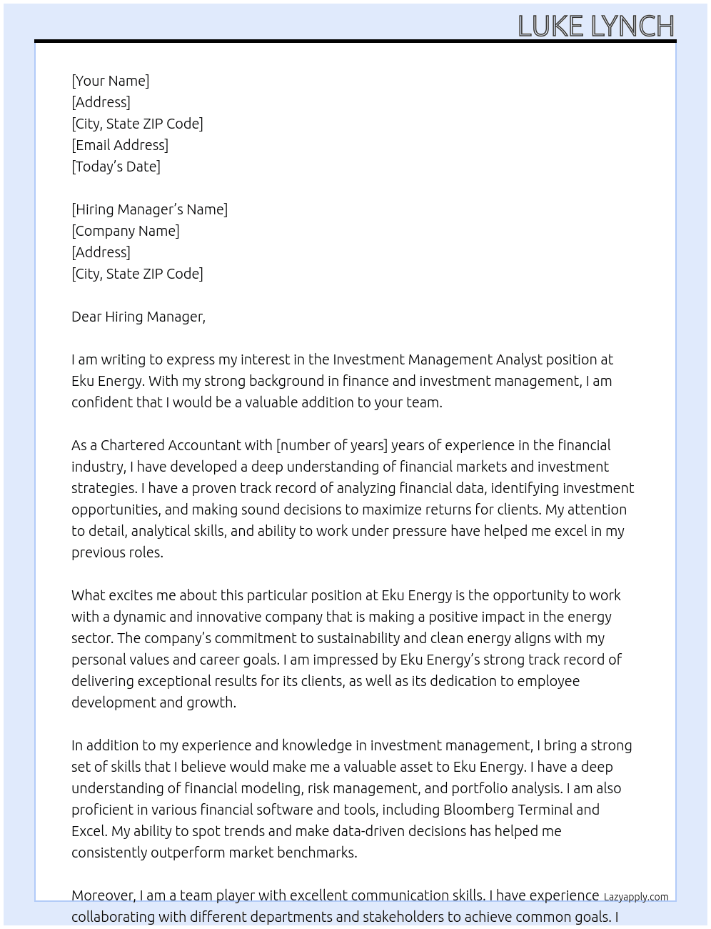 Investment Management Analyst At Eku Energy Cover Letter