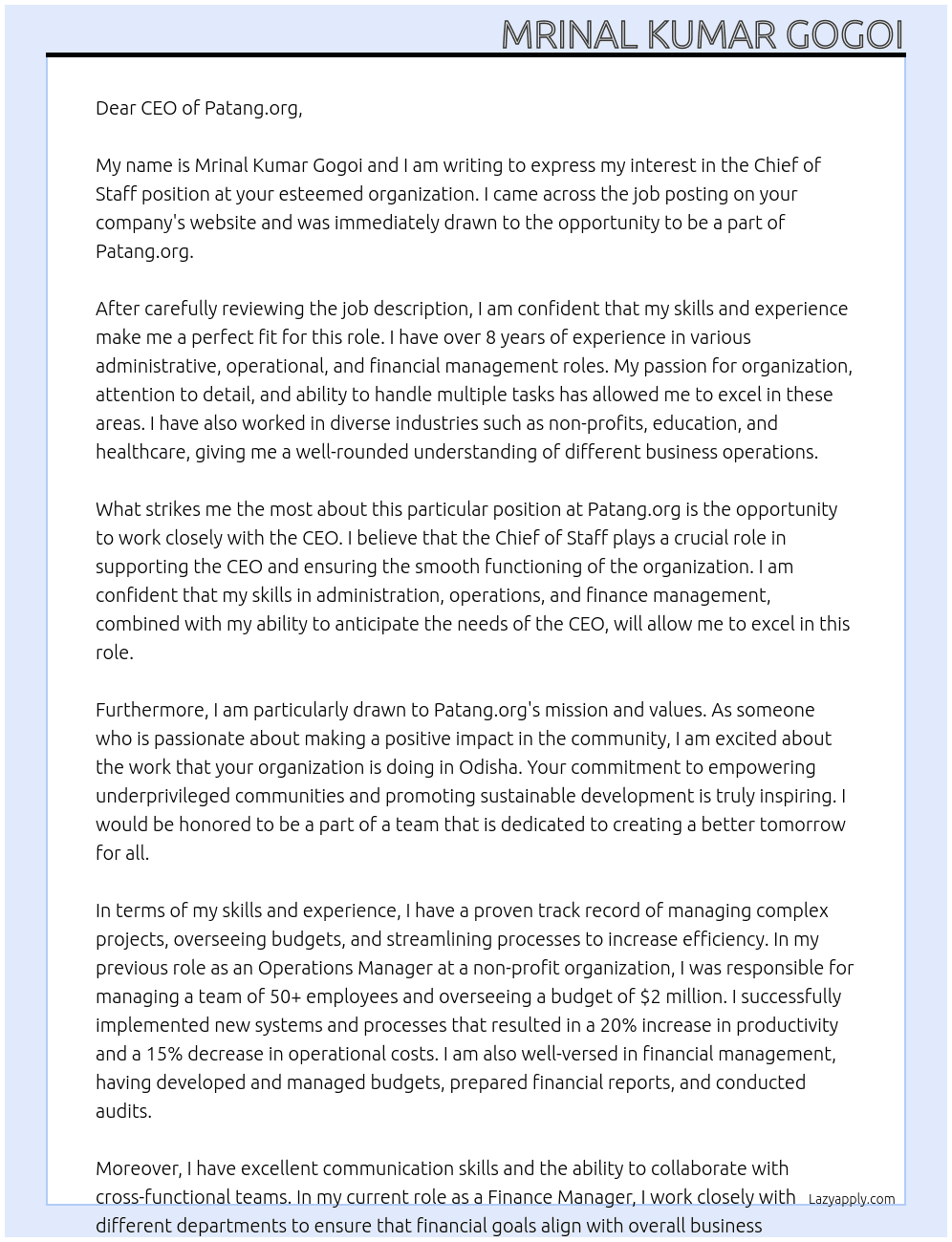 Chief of Staff  At Patang.org  Cover Letter