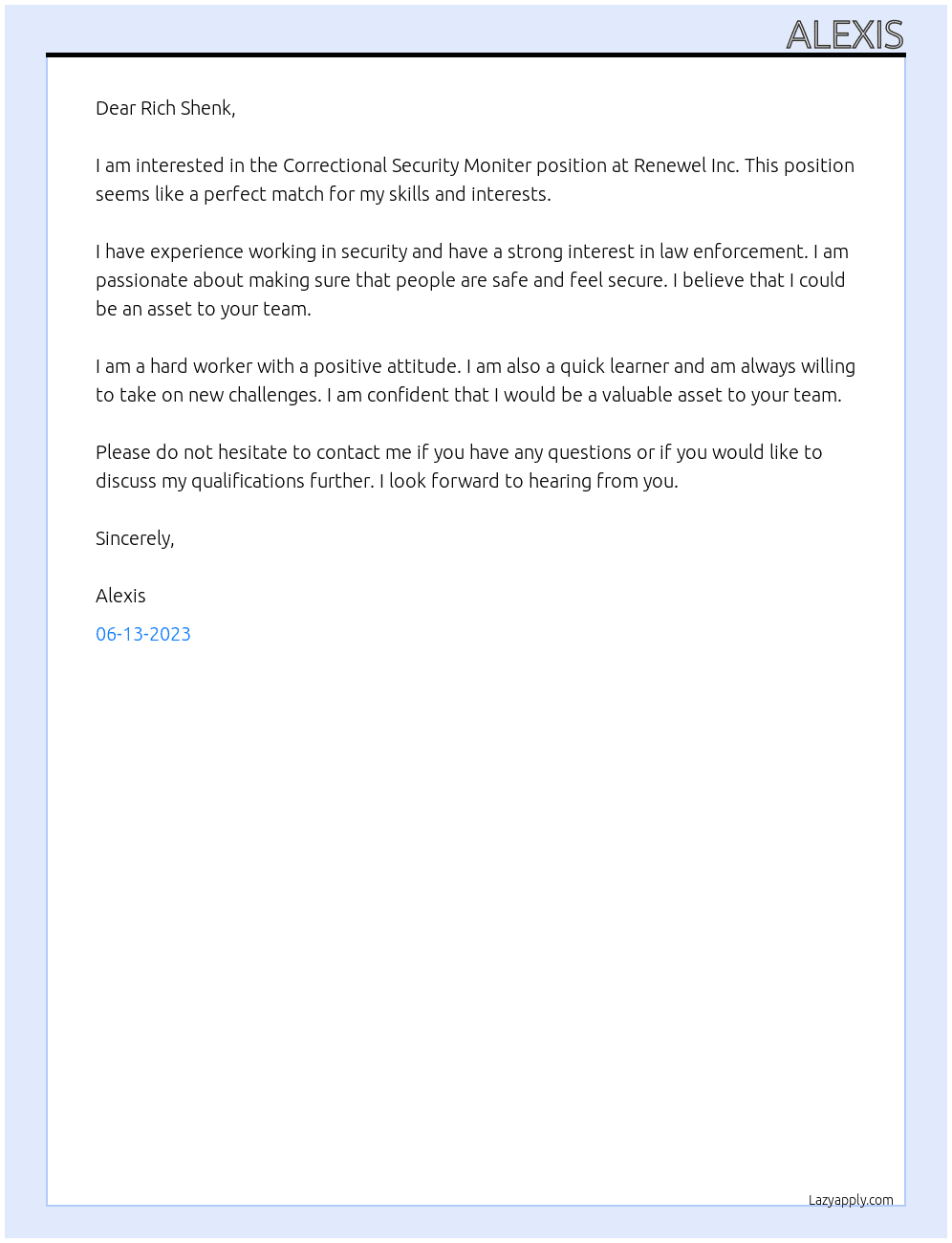 Correctional Security Moniter At Renewel Inc. Cover Letter