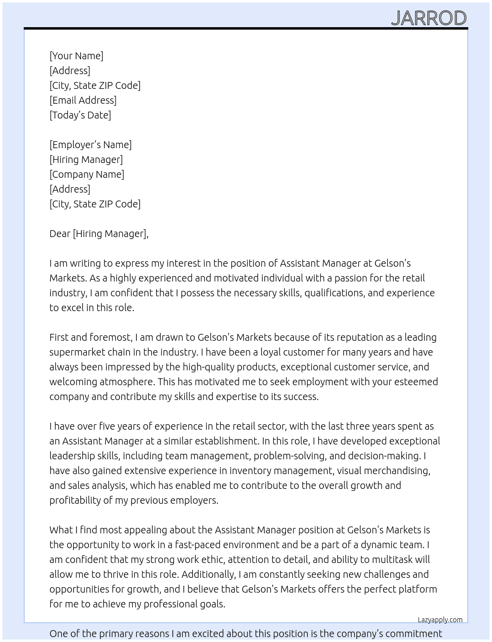 assistant manager At Gelson's Markets Cover Letter