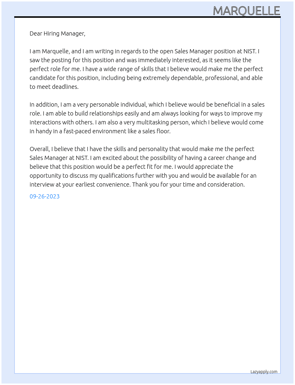 Sales manager At NIST Cover Letter