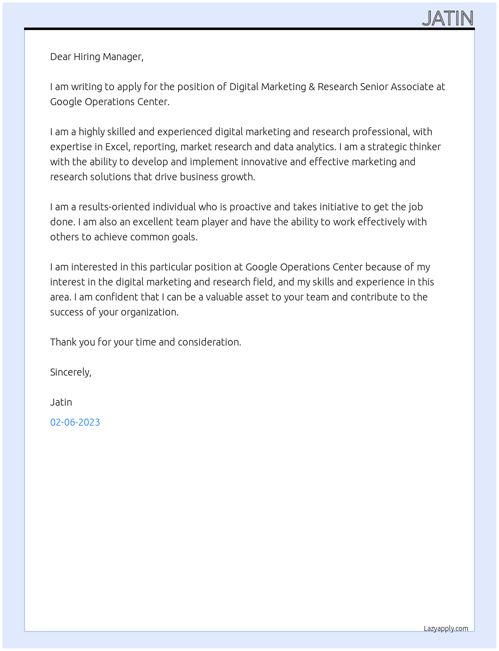 Cover letter for digital marketing & research senior associate - LazyApply