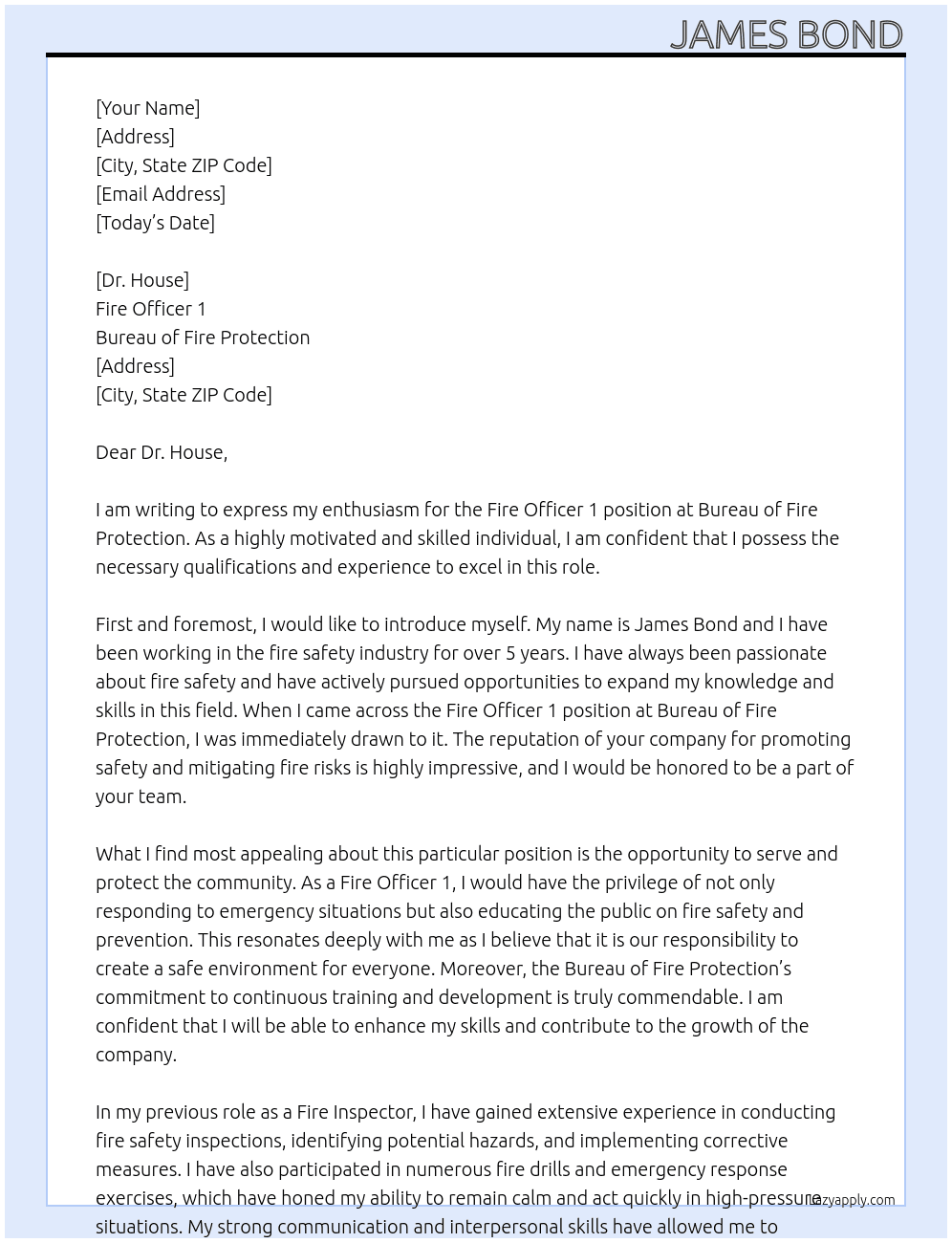 Fire Officer 1 At Bureau of Fire Protection Cover Letter