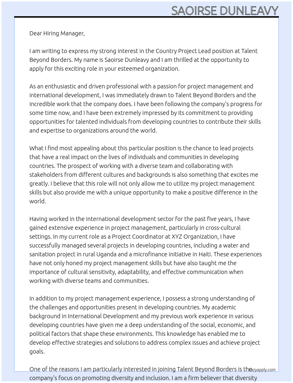 Country Project Lead At Talent Beyond Borders  Cover Letter
