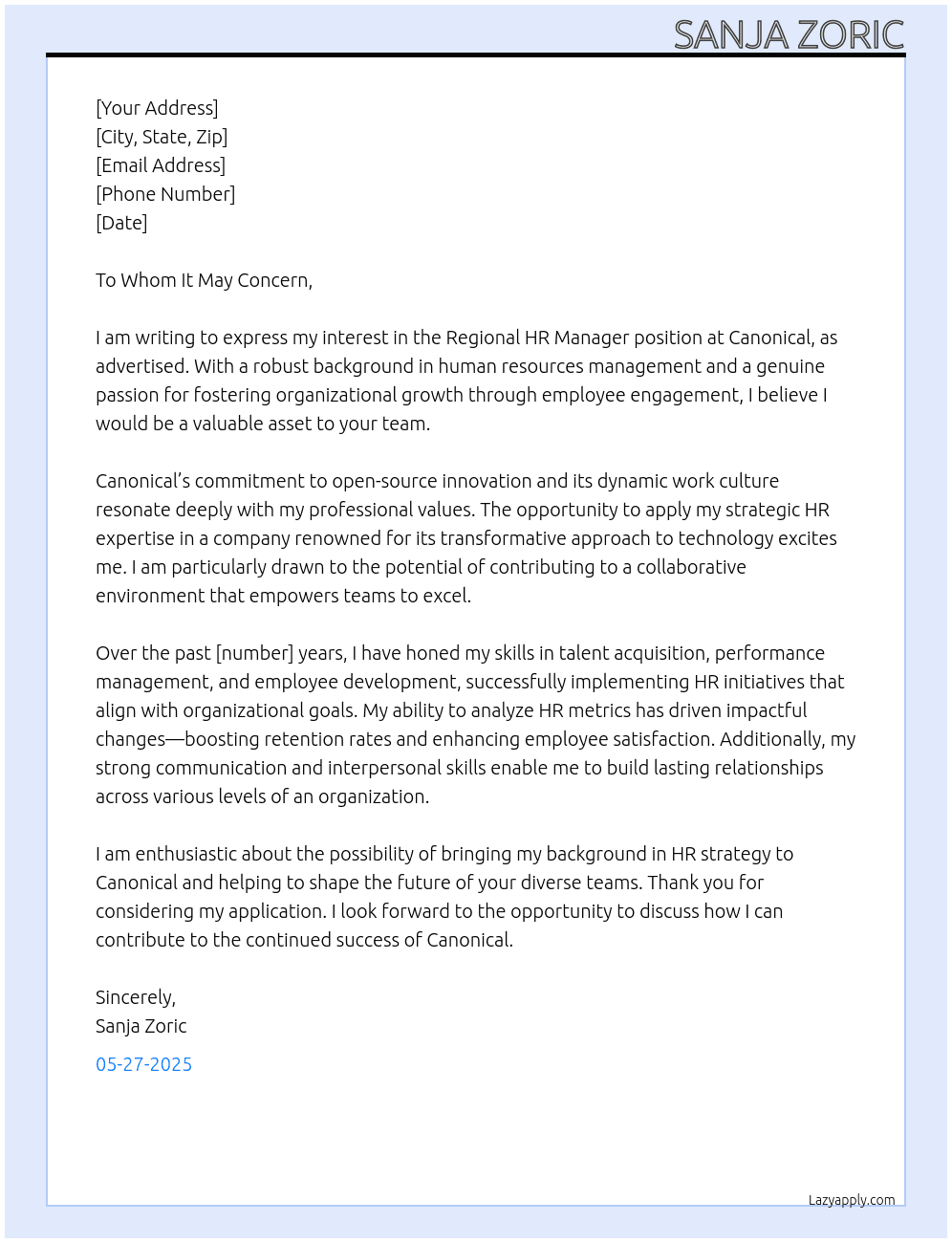 Regional HR Manager At Canonical Cover Letter
