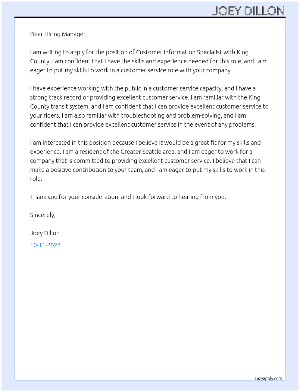 customer information specialist At King County Cover Letter