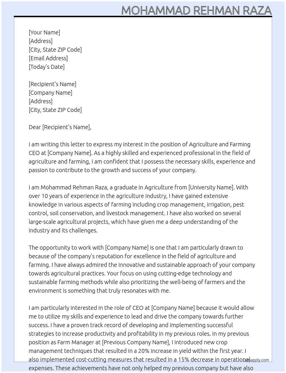 Agriculture and farming At Xyz  Cover Letter