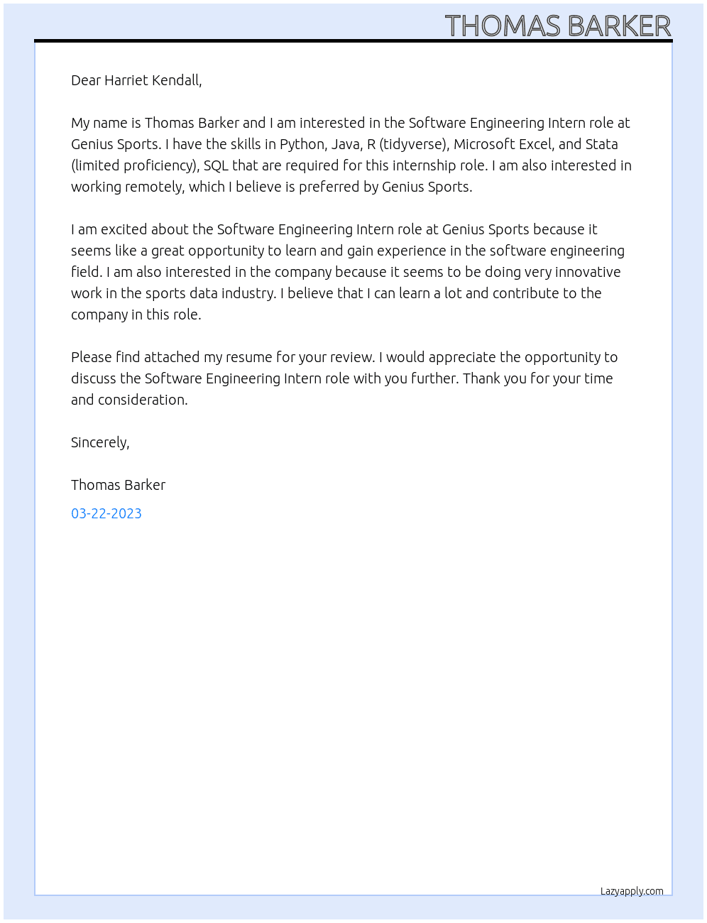 Software Engineering Intern At Genius Sports Cover Letter