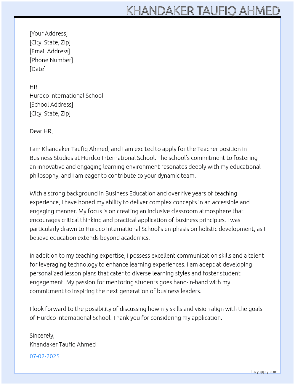 Teacher, Business studies At Hurdco International School Cover Letter