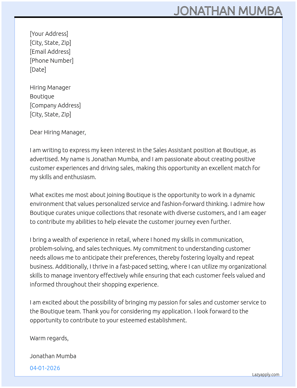 Sales assistant At Boutique Cover Letter