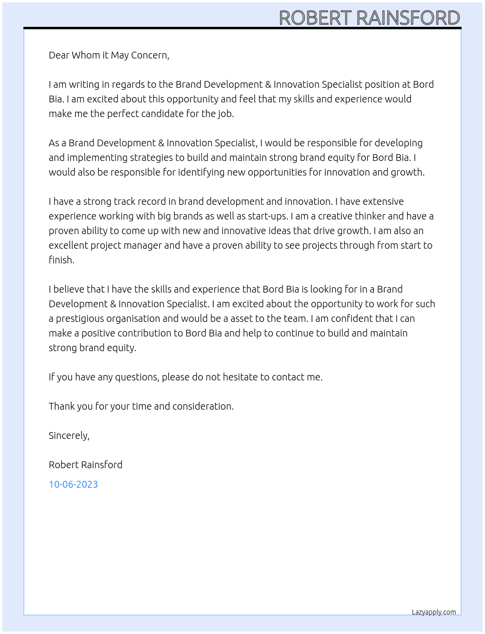 Brand Development & Innovation Specialist At Bord Bia Cover Letter