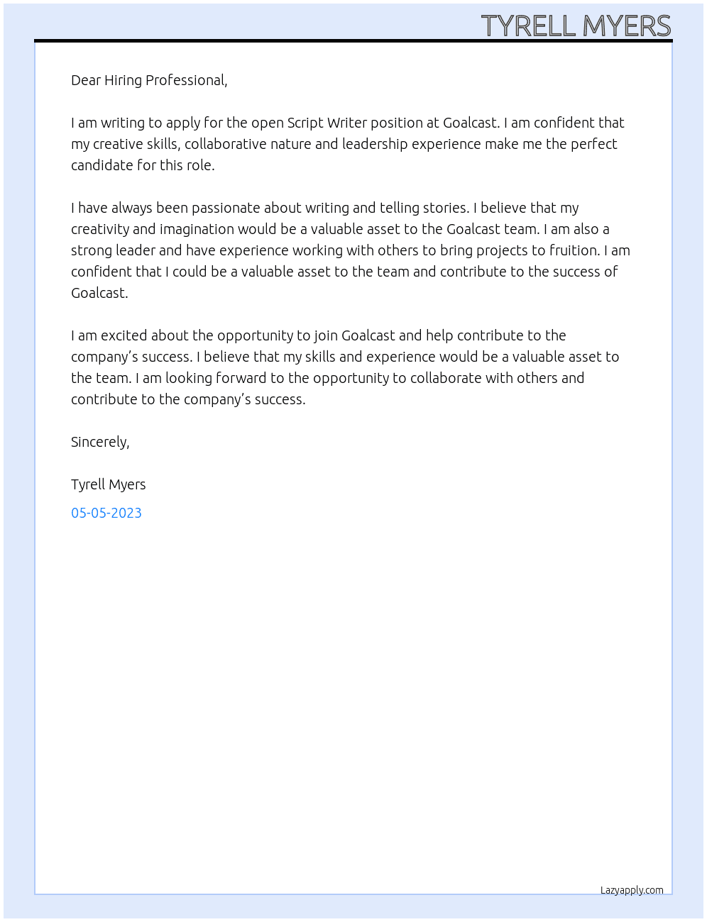 Script Writer At Goalcast Cover Letter
