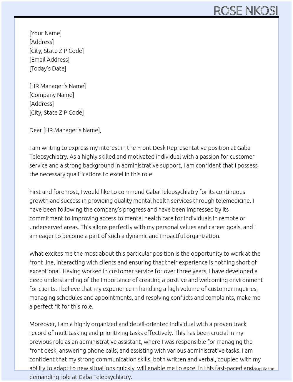 front desk representative At Gaba Telepsychiatry Cover Letter