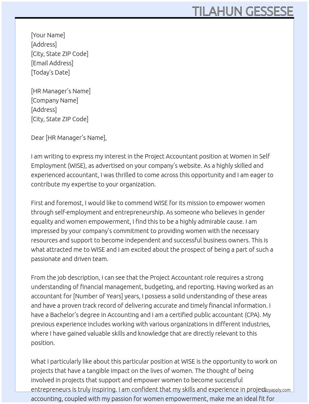 Project Accountant At Women in Self Employment (WISE) Cover Letter