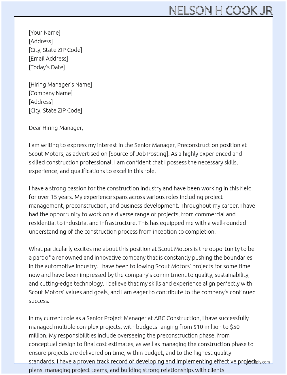 Senior Manager, Preconstruction At Scout Motors Cover Letter