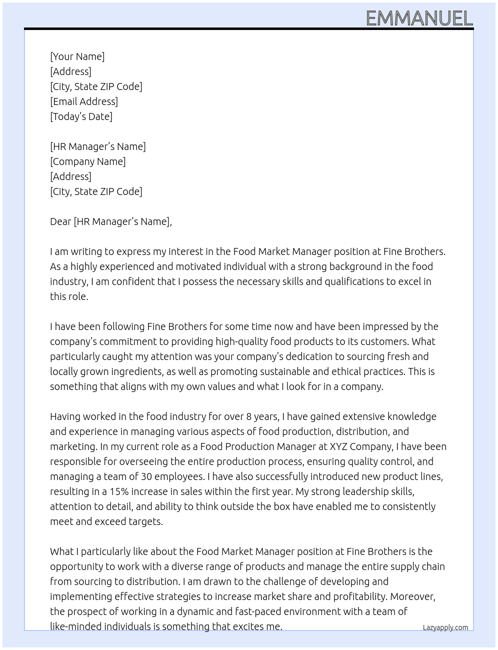 Food market Manager At Fine Brothers Cover Letter