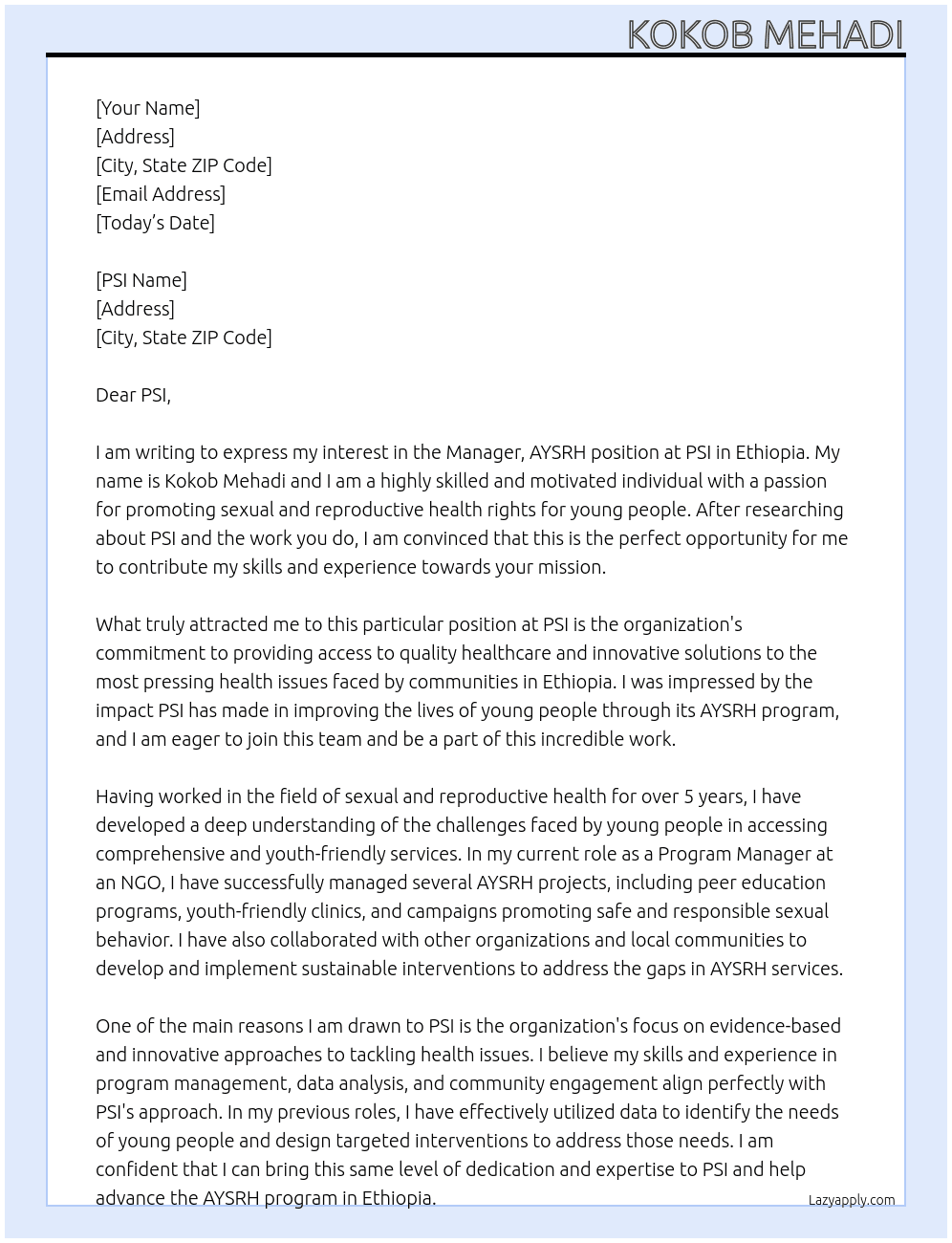 Manager, AYSRH At psi Cover Letter