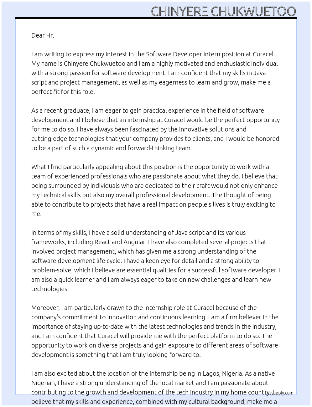 Software developer intern  At Curacel Cover Letter