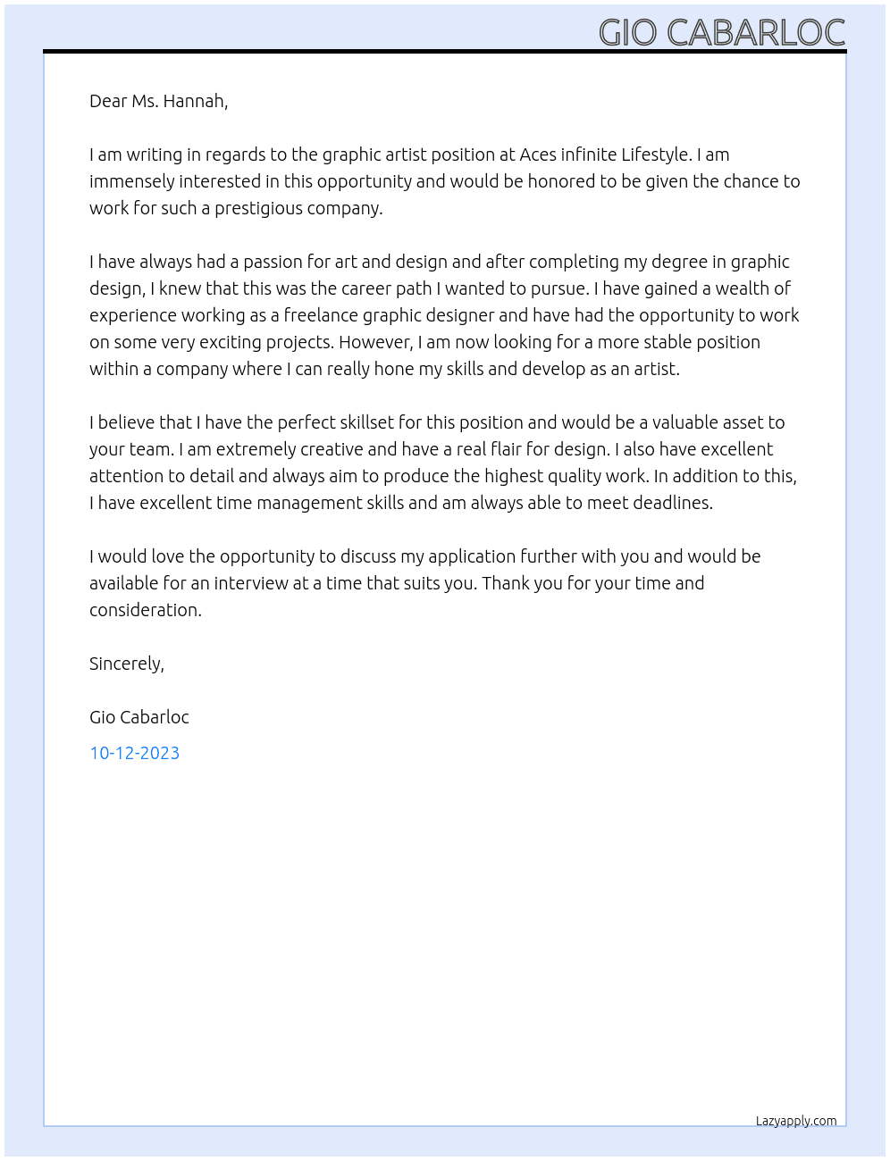 Graphic artist At Aces infinite Lifestyle Cover Letter