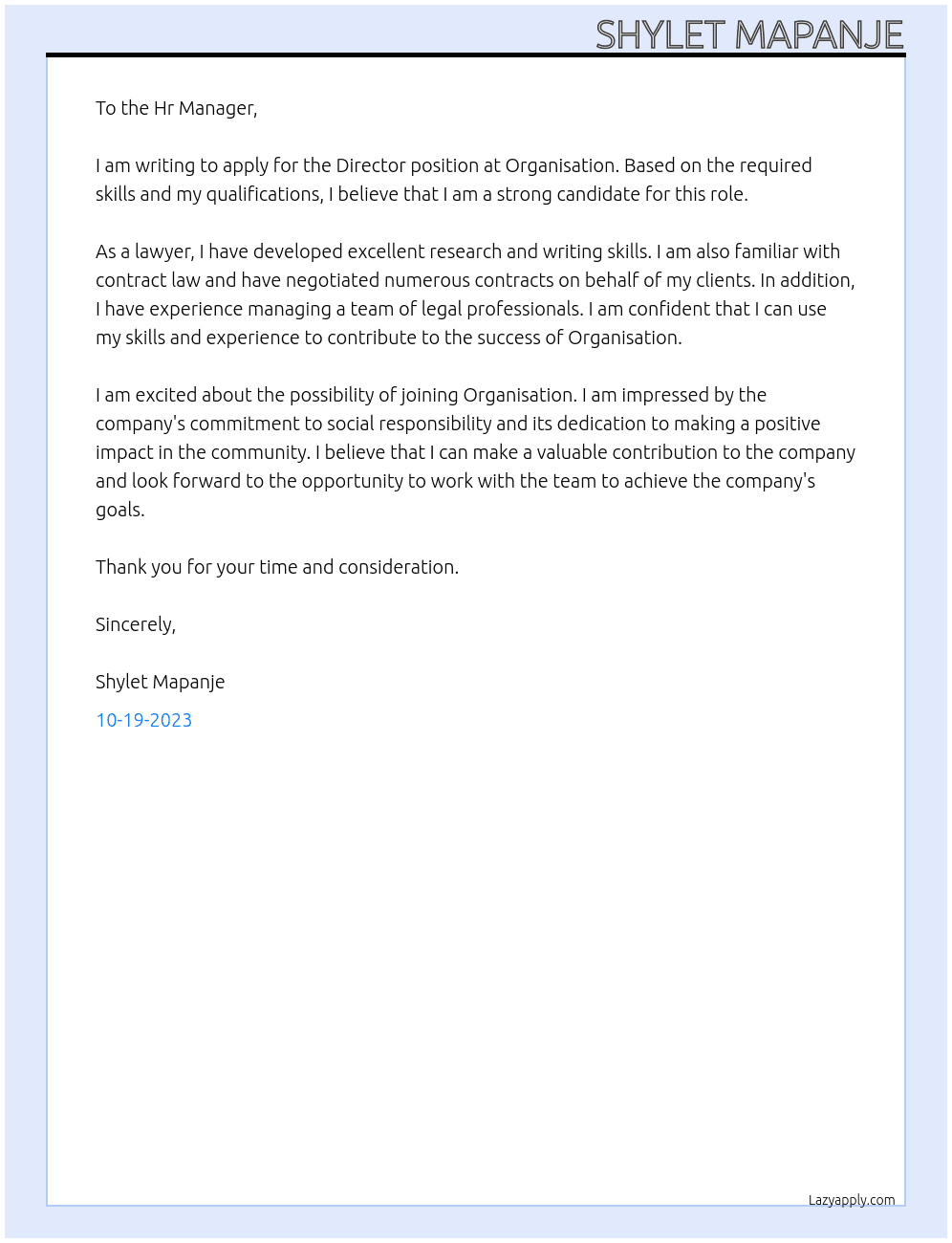 Director At Organisation Cover Letter