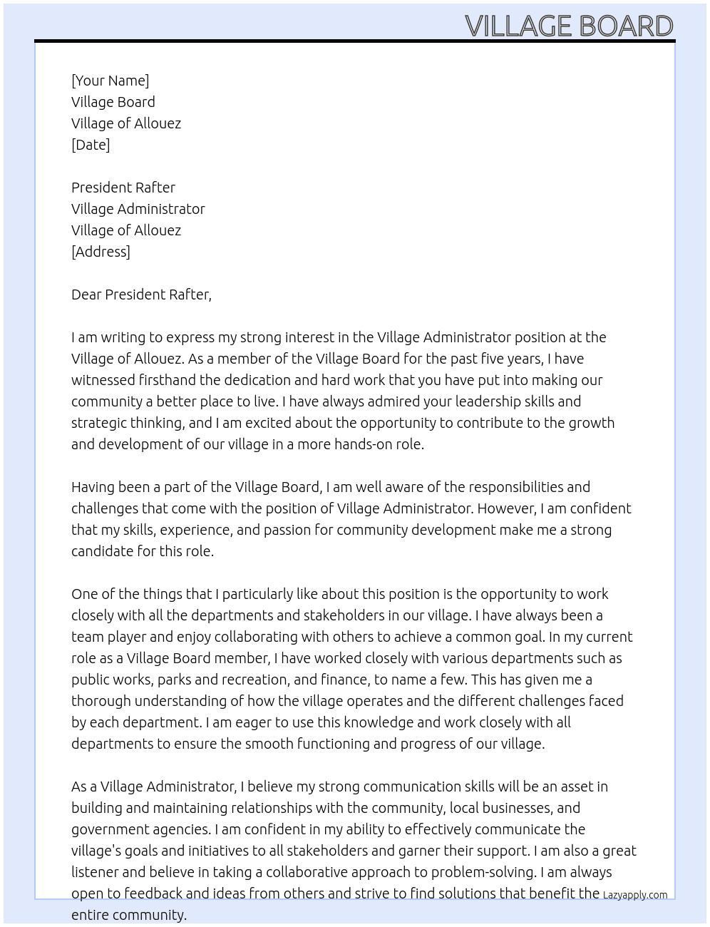 Village Administrator At Village of Allouez Cover Letter