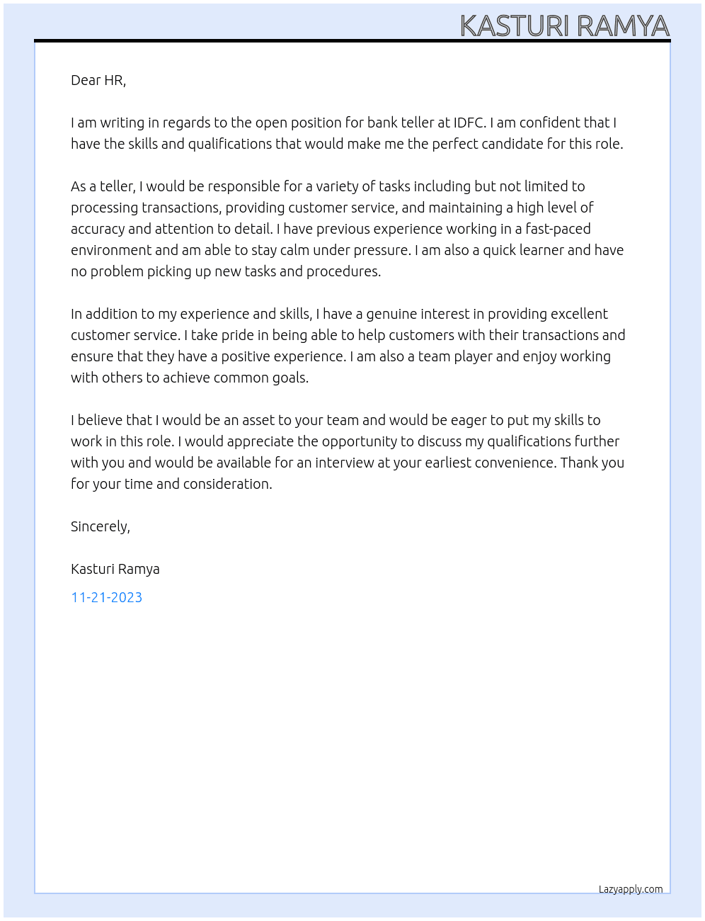 Bank teller  At IDFC Cover Letter