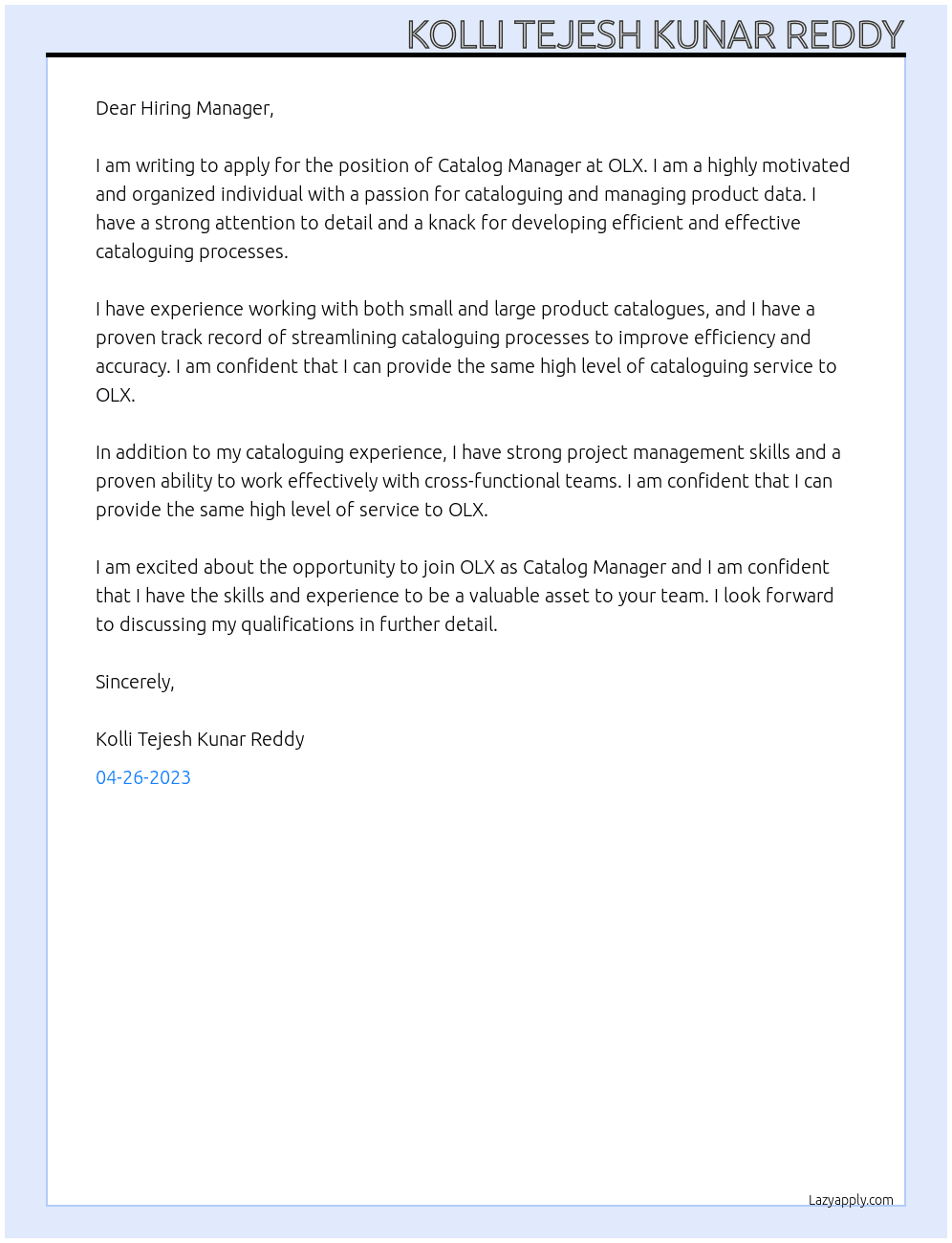 Catalog manager At OLX Cover Letter
