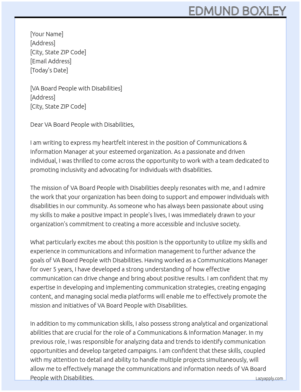 Communications & Information Manager At VA Board People with Disabilities Cover Letter