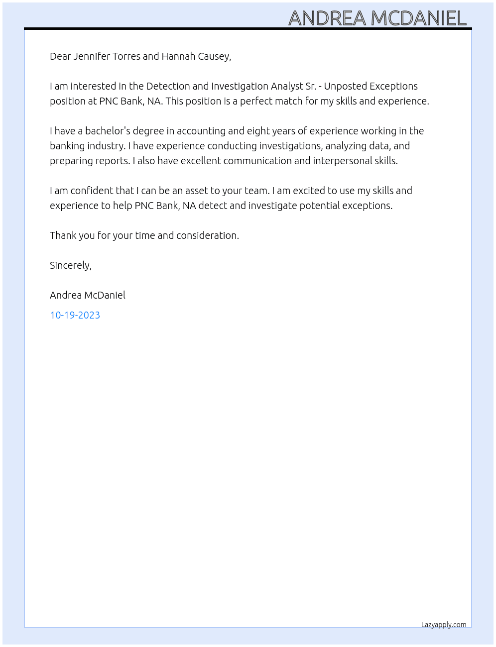 Detection and Investigation Analyst Sr. - Unposted Exceptions At PNC Bank, NA  Cover Letter