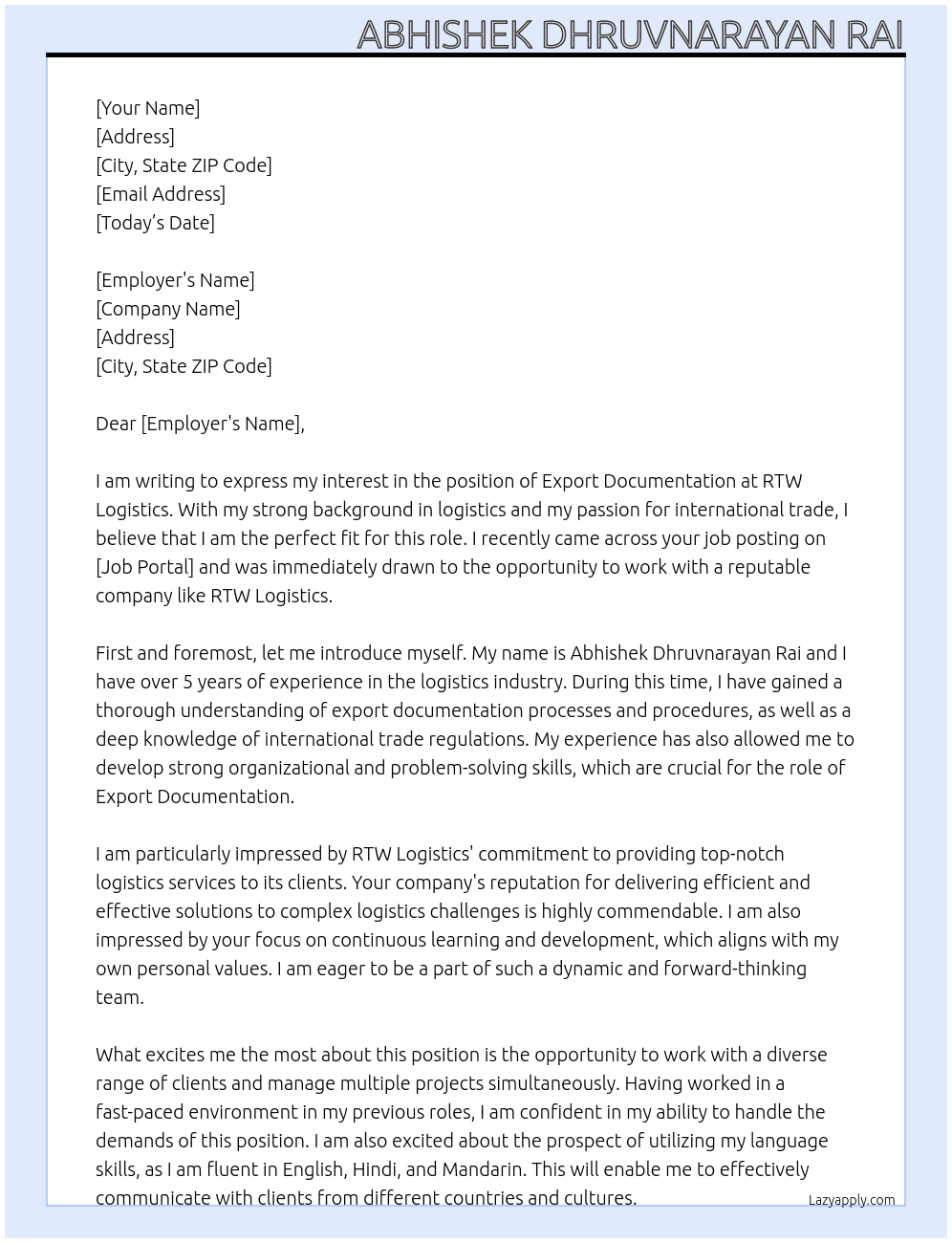 Export documentation  At RTW Logistics  Cover Letter