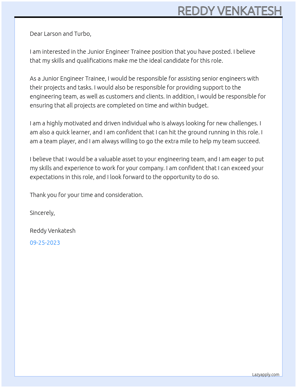 Junior engineer trainee At larson and turbo Cover Letter