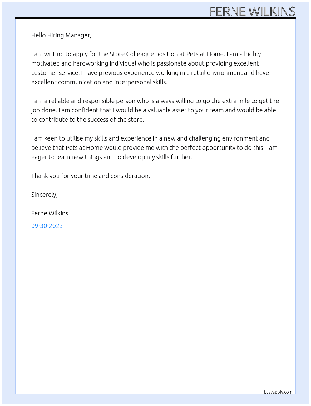Store Colleague At Pets at hime Cover Letter