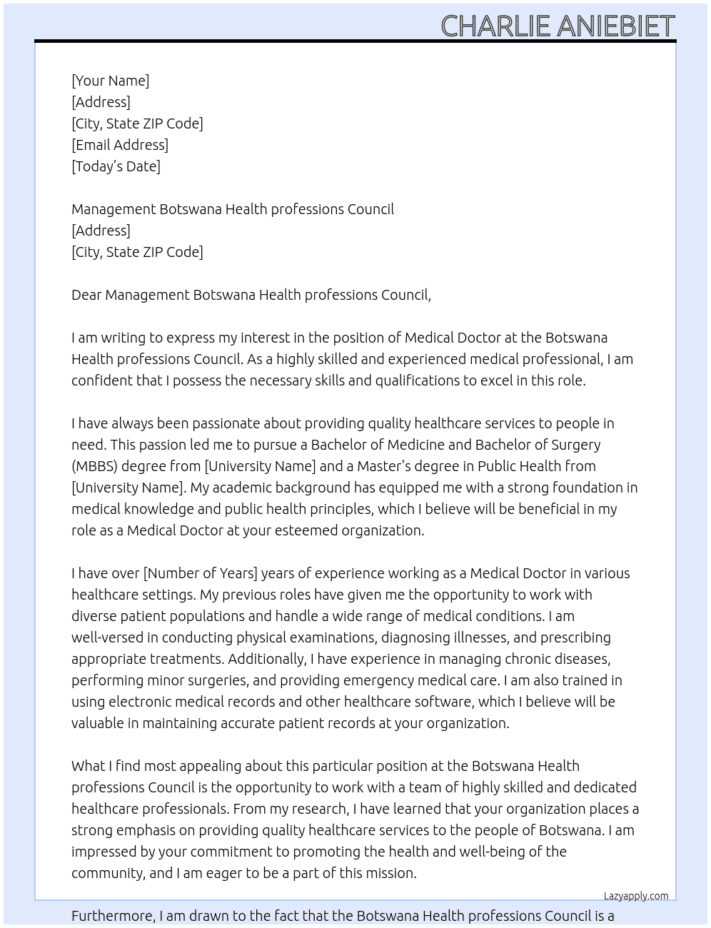 Medical doctor  At Botswana Health professions Council  Cover Letter