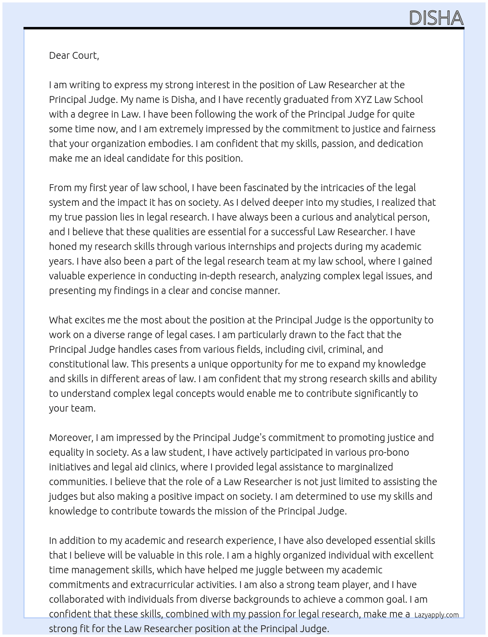 Law Researcher At Principal Judge Cover Letter