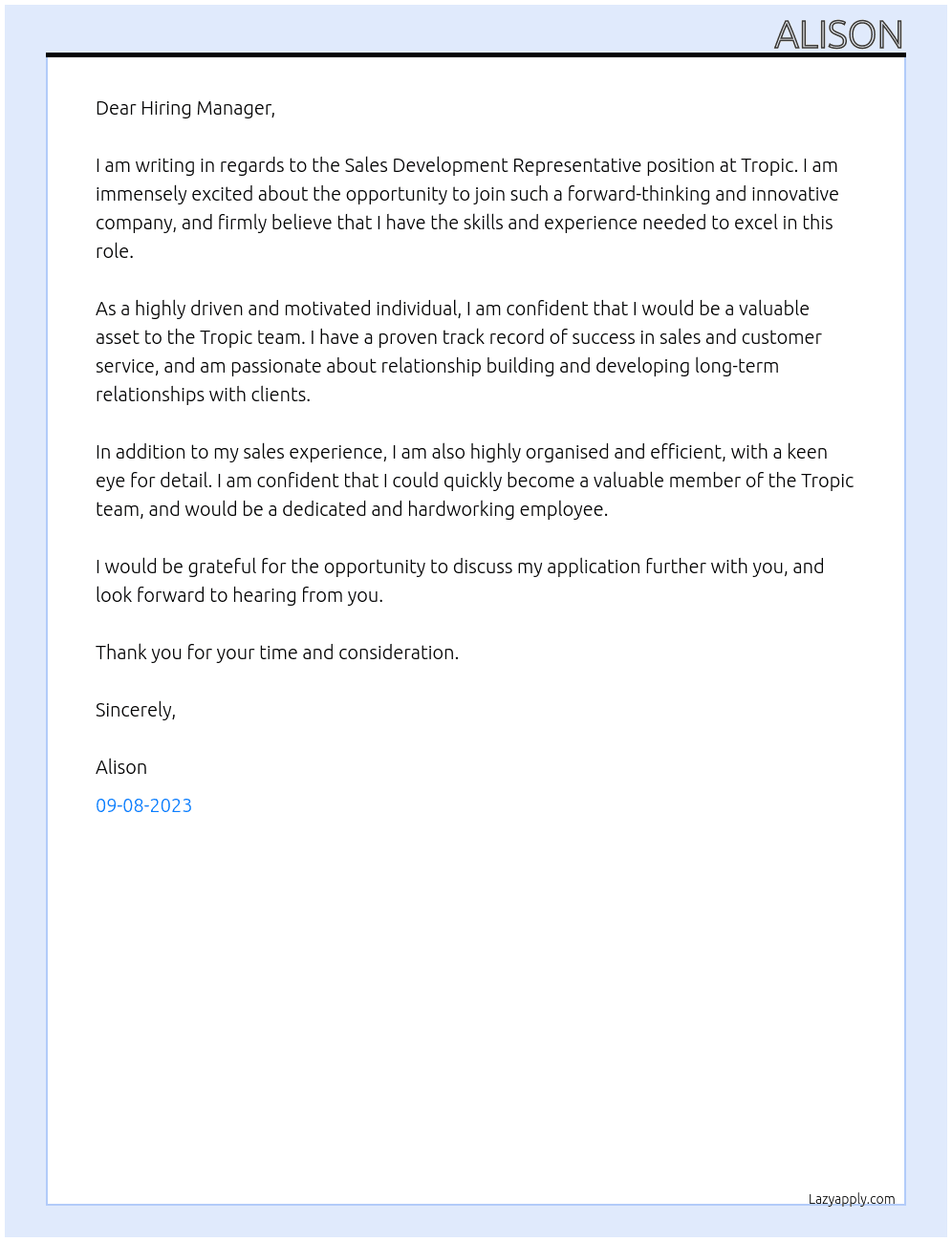 Sales Development Representative At Tropic Cover Letter
