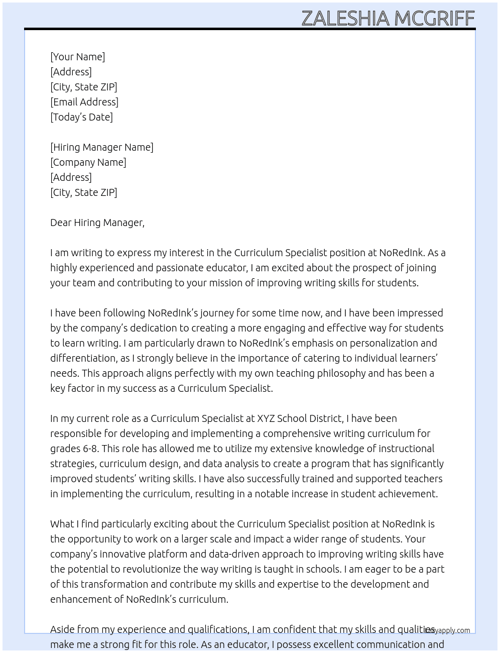 Curriculum Specialist At NoRedInk Cover Letter