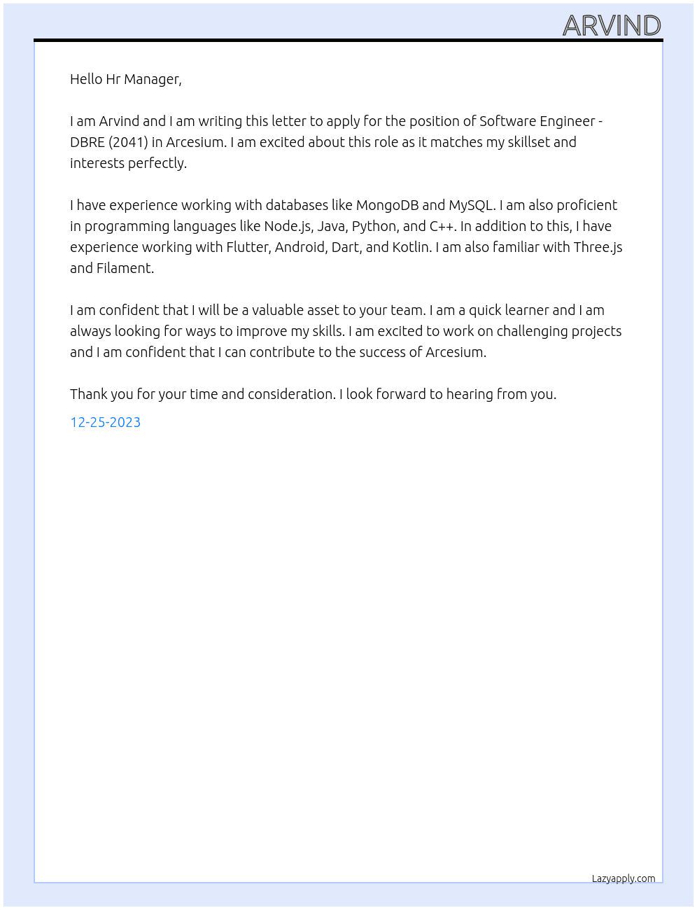 Software Engineer - DBRE (2041) At Arcesium Cover Letter
