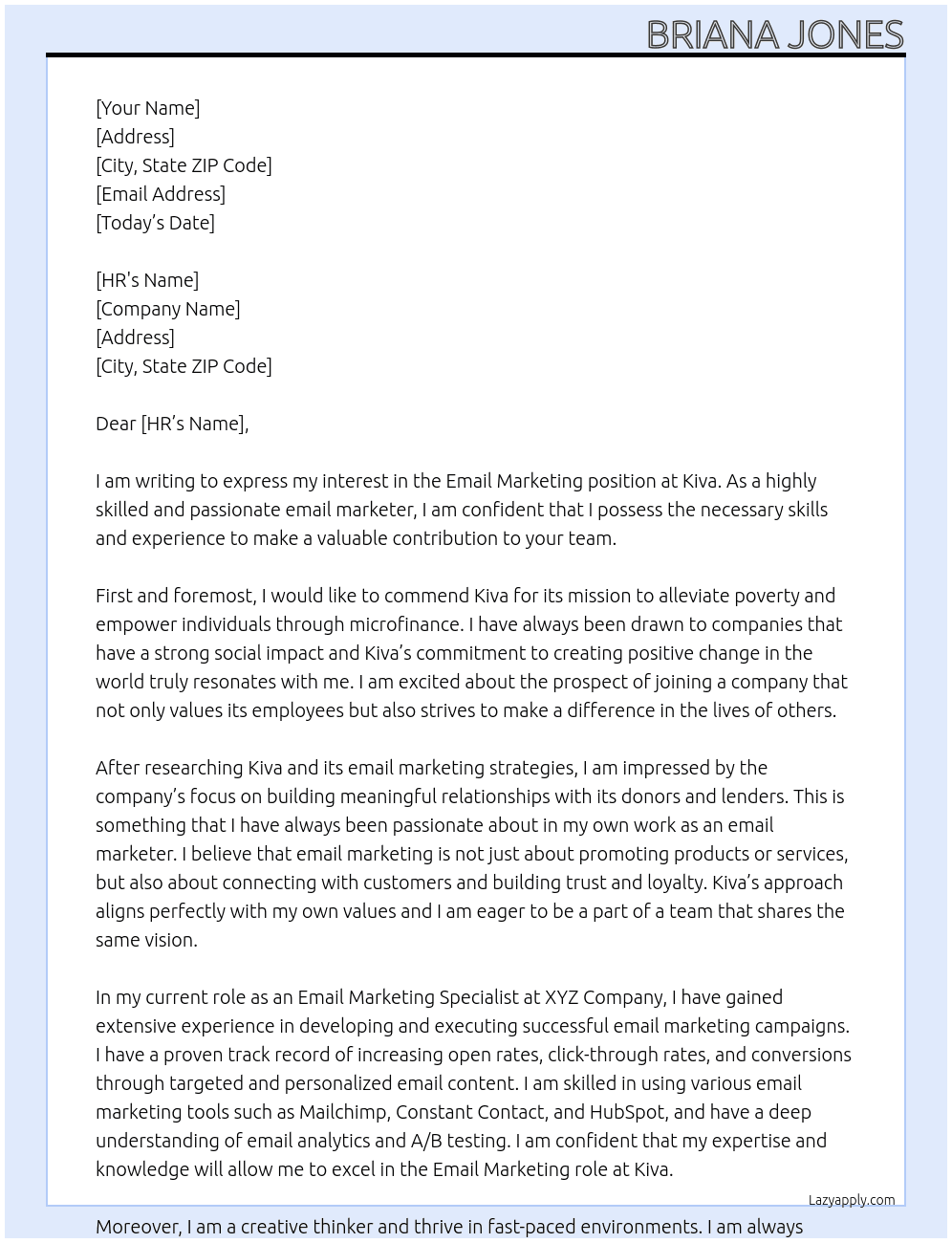 Email Marketing At Kiva Cover Letter