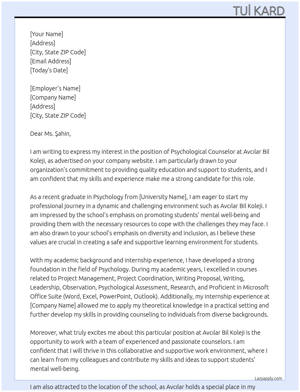 Psycological Counselor At Avcılar Bil Koleji Cover Letter