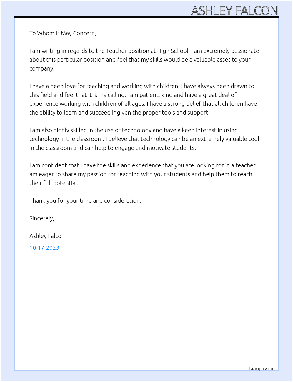 Teacher At High School Cover Letter