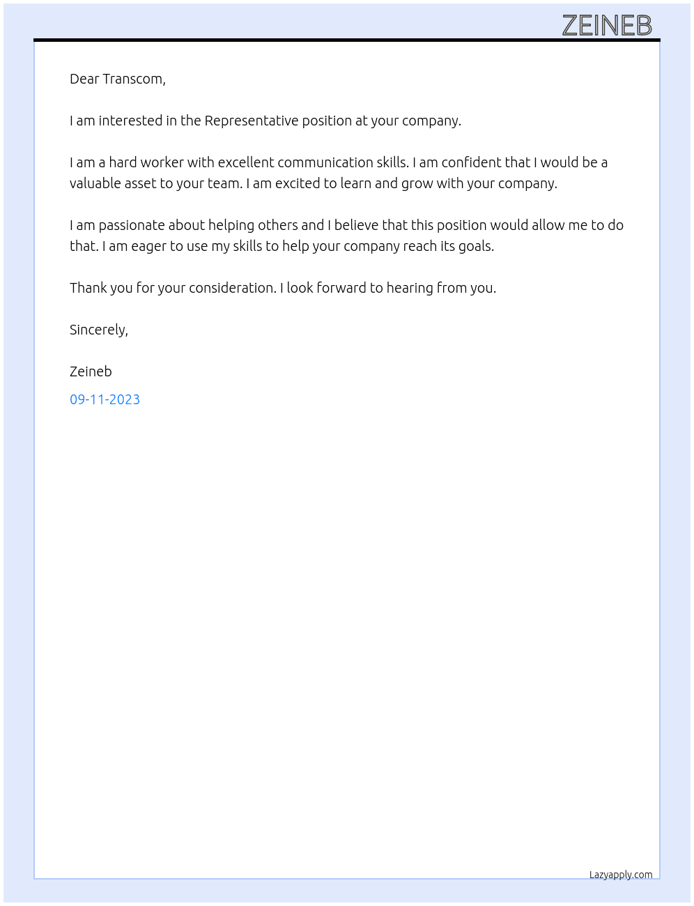 Representative  At Trranscom Cover Letter