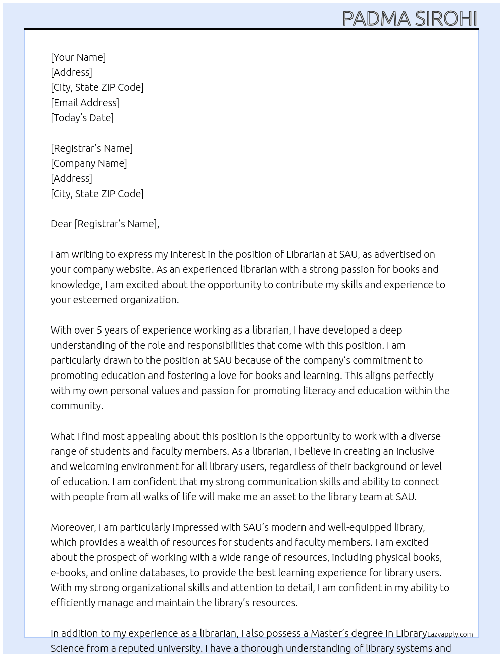 librarian At SAU Cover Letter