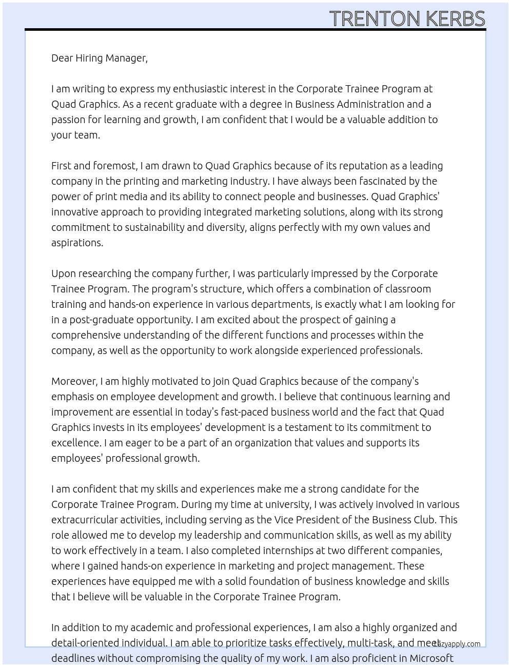 Corporate Trainee Program At Quad Graphics Cover Letter