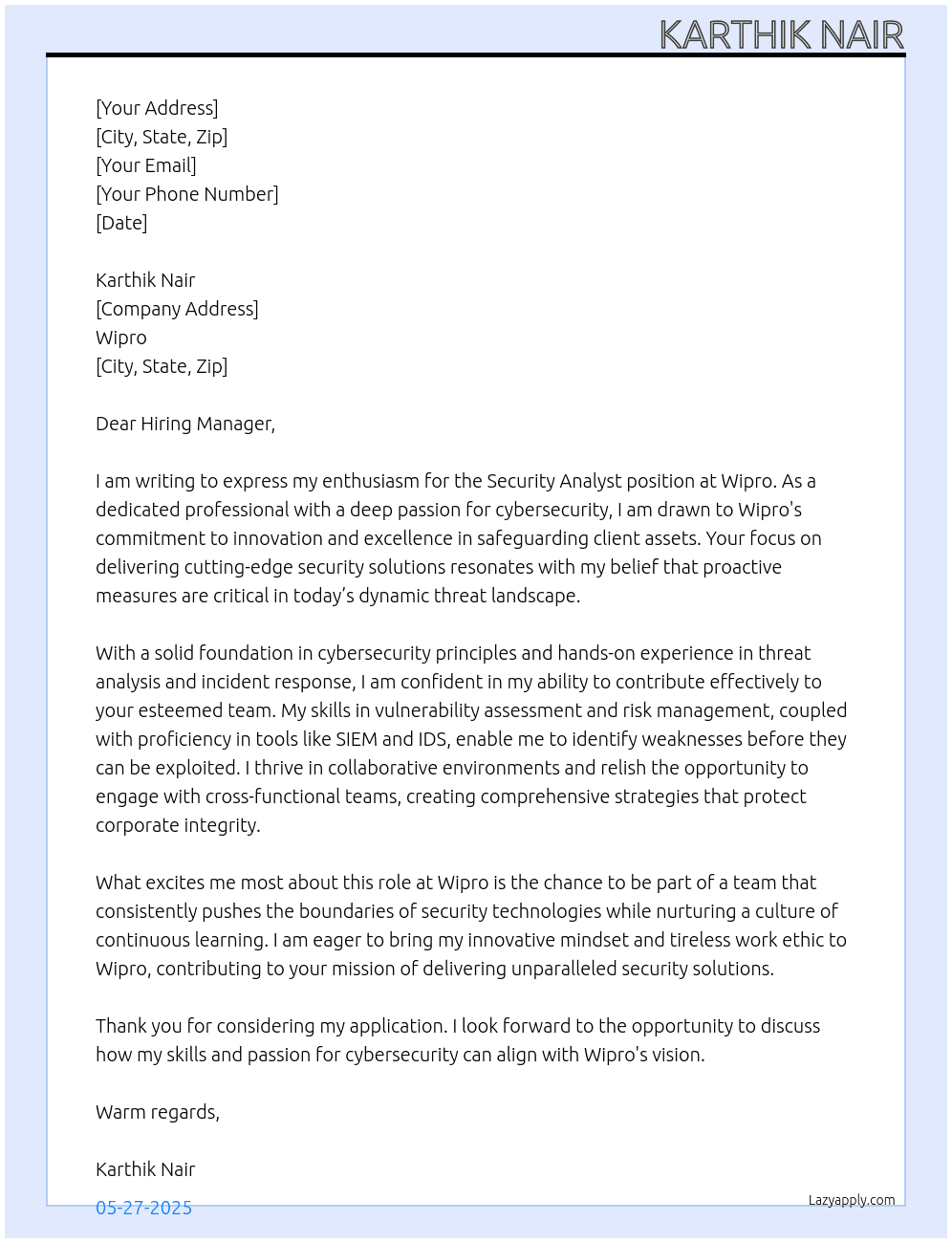 Cover letter for security analyst - LazyApply