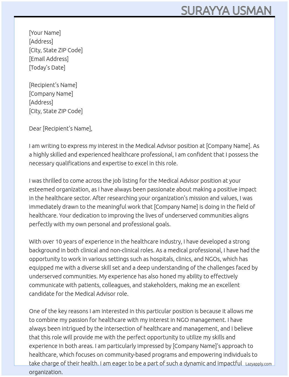 Medical advisor  At NGO Cover Letter